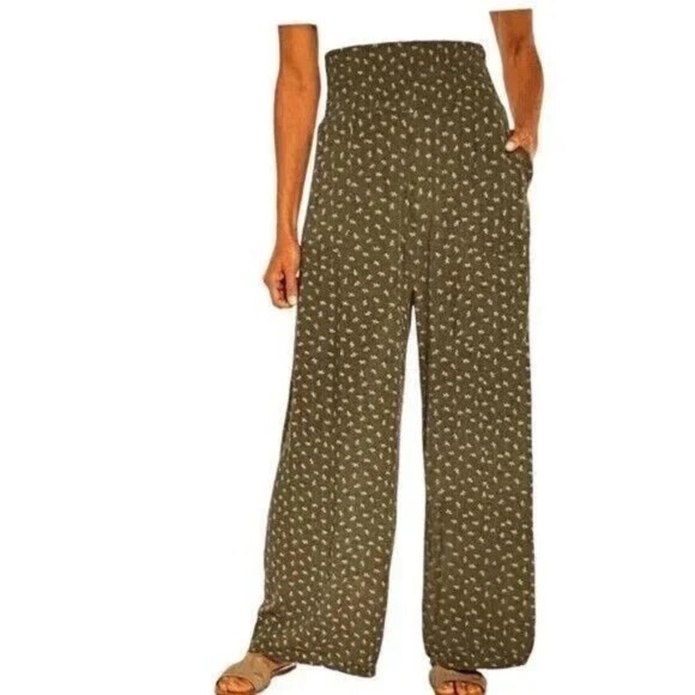THREE DOTS Womens Green Floral Print Wide Leg‎ Pull On Pants Size M Boho